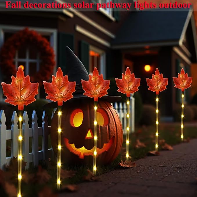 Fall Decor Solar Pathway Lights Outdoor Thanksgiving Decorations, 6 Pack Fall Leaves Solar Thanksgiving Maple Leaf Garden Stake Lights for Outside Patio Yard Wedding Party Autumn Decor