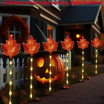 Fall Decor Solar Pathway Lights Outdoor Thanksgiving Decorations, 6 Pack Fall Leaves Solar Thanksgiving Maple Leaf Garden Stake Lights for Outside Patio Yard Wedding Party Autumn Decor