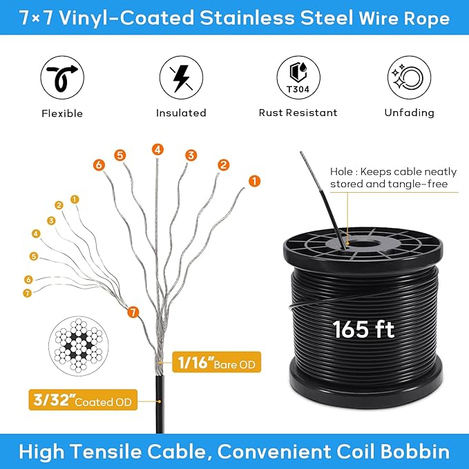 String Light Hanging Kit with 164FT Vinyl Coated Stainless Steel 304 Wire Rope Suspension Kit Included Enough | Lumora