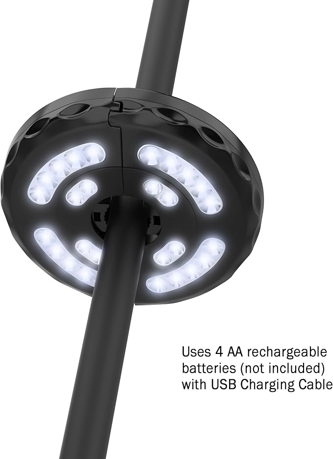 Rechargeable Patio Umbrella Light with 3 Brightness Modes - Battery-Operated LED Outdoor Lighting with USB Charging Cord by Pure Garden (Black)