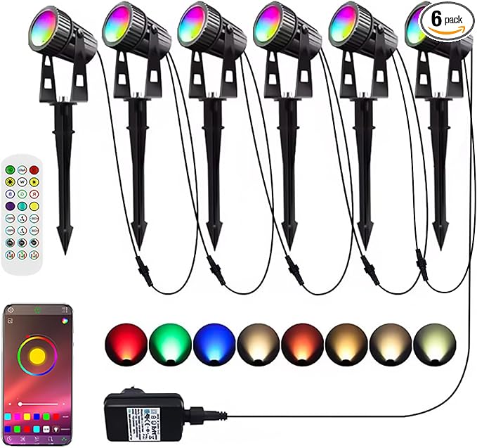 Smart Landscape Lighting, COB Low Voltage Landscape Lights, RGB Warm White LED Bluetooth Spotlights APP Control, 12V 18W Outdoor Yard Spot Lights with Spike Stand, Waterproof Garden Light Music Sync