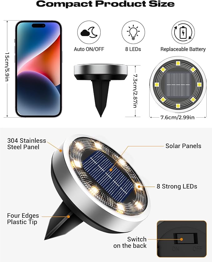 btfarm 10 Pack Solar Ground Lights Outdoor, 8 LED Solar Disc Lights IP65 Waterproof Flat Solar Light, Pathway | Lumora
