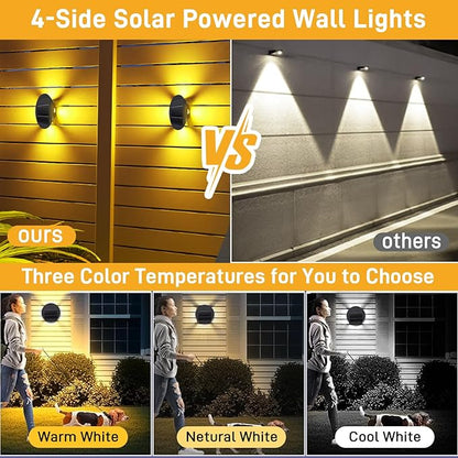 7" Solar Lights Fence Waterproof for Outdoor Deck & Wall, Patio, and Step Stairs | Warm White Pathway Lighting with 3 Bright Modes| Outside Decor Decorative UFO Four Way Lamps