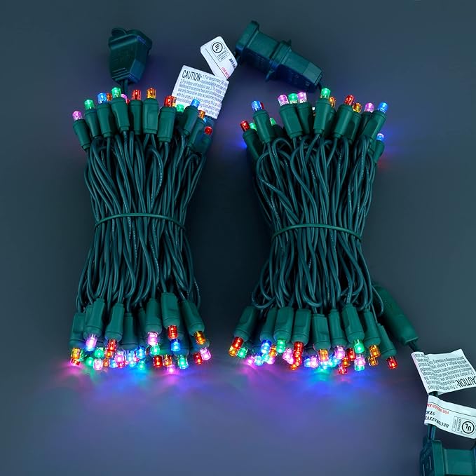 YULETIME Multicolor One-Piece Wide Angle Christmas Lights 140 Count 48 Feet, 2 Sets 70 LED 24 ft High Waterproof 5mm UL Certified String Light (Multicolor)