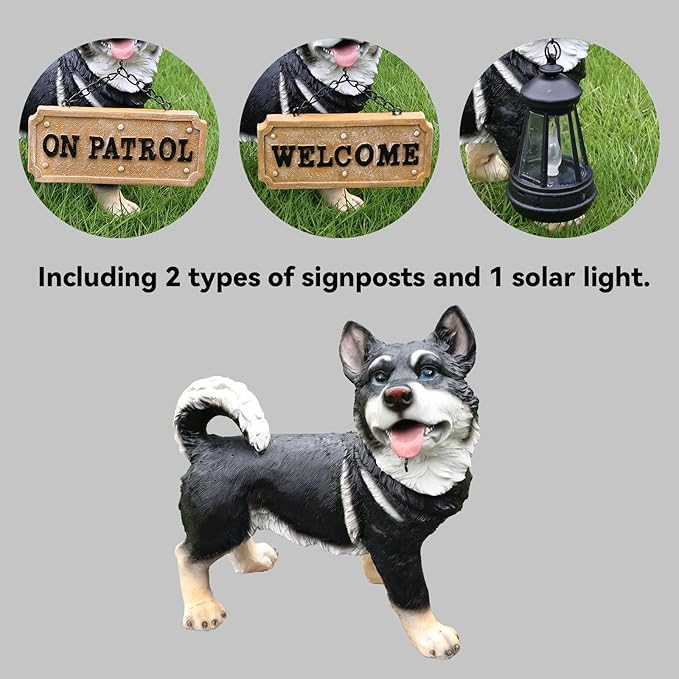 Outdoor Husky Dog Statue with Interchangeable Welcome Sign and Detachable Solar Lantern –LED Light Garden Dog Sculpture Décor, Cute Puppy Design for Yard, Porch, Gift