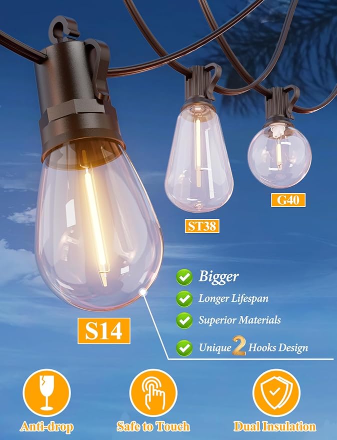 Brightever LED Outdoor String Lights, 75FT Patio Lights with 26 S14 Shatterproof LED Bulbs, Commercial Grade Waterproof String Lights for Outside, 2700K Dimmable Outdoor Lighting for Patio, Camping