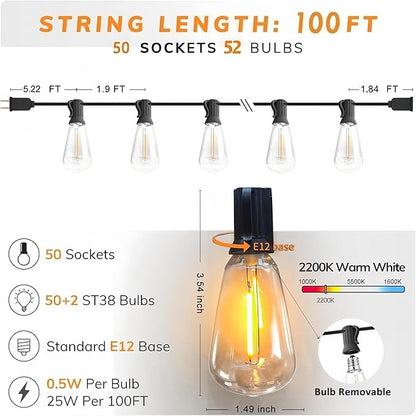 Outdoor String Lights 100FT - 52 LED Patio Lights with Shatterproof ST38 Vintage Edison Bulbs, Waterproof & Connectable for Garden, Porch, Backyard, Party Decor, 2700K Warm White