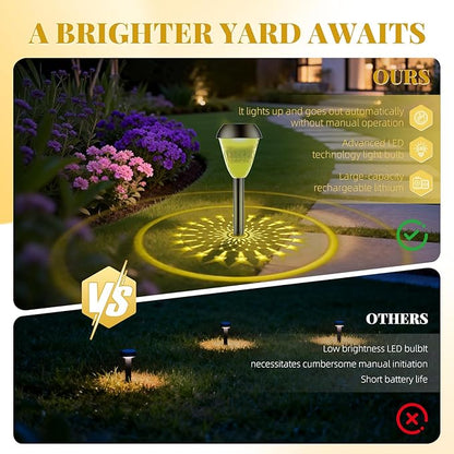2 Pack Solar Pathway Lights Outdoor, New Upgraded Waterproof LED Lights, 3 Variants (Warm White/Golden/7-Color Slow Flash) with Unique Lamp Shade Patterns, for Garden (2-Pack Warm Light)