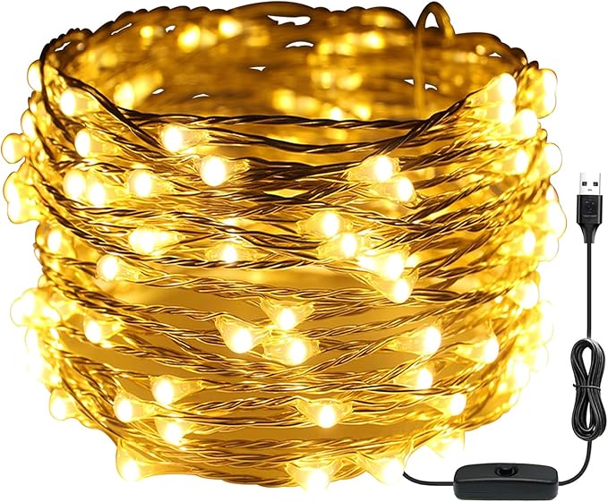 RUICHEN USB Plug in String Lights Silver Wire 20 Ft 120 LED Starry Fairy Lights with On/Off Switch, Warm White
