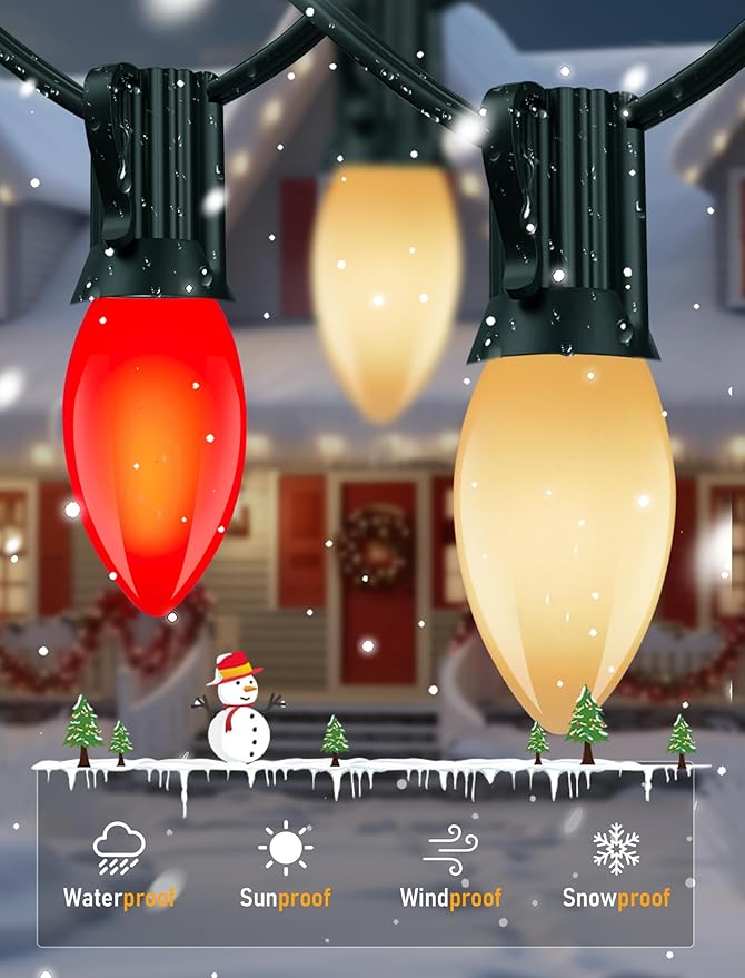 25Ft LED C9 Red and White Christmas Lights Outdoor, C9 Vintage Christmas Lights with 26 LED Red and White Bulbs | Lumora