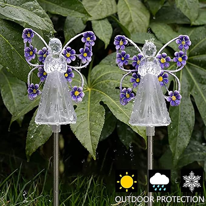 Solar Garden Lights 2pcs Fairy Garden Ornaments Outdoor Solar Pathway Lights, Flower Fairy Resin Figurine Lamp for Courtyard Lawn, Commemorate Gift (Color : Purple)