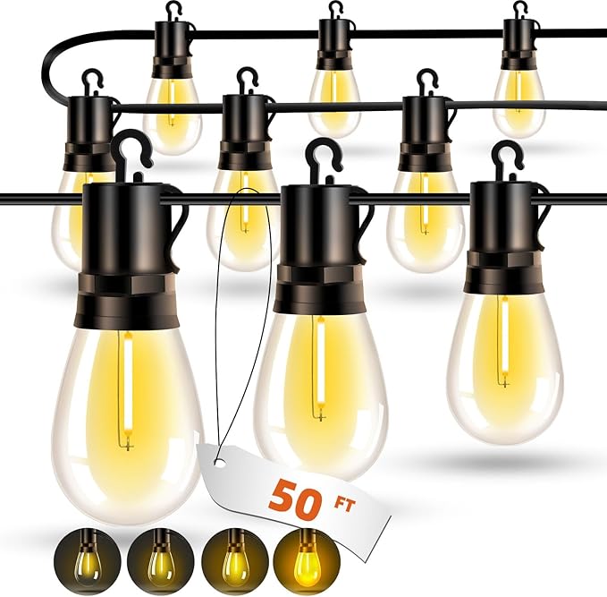 Outdoor Patio String Lights 50ft: S14 LED Shatterproof Bulbs 3 Modes Button Control - Waterproof Connectable Hanging Lights - Garden Backyard Yard Gazebo Porch Party Decorative
