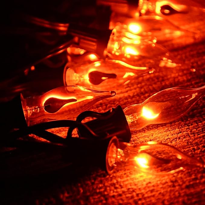 SUNSGNE 10Ft Flickering Flame String Lights, C18 Christmas String Lights with 10 Orange Flicker Flame Lights for Home Halloween Christmas Outdoor Decorations, 1 Watt, 120 Volt- Black Wire