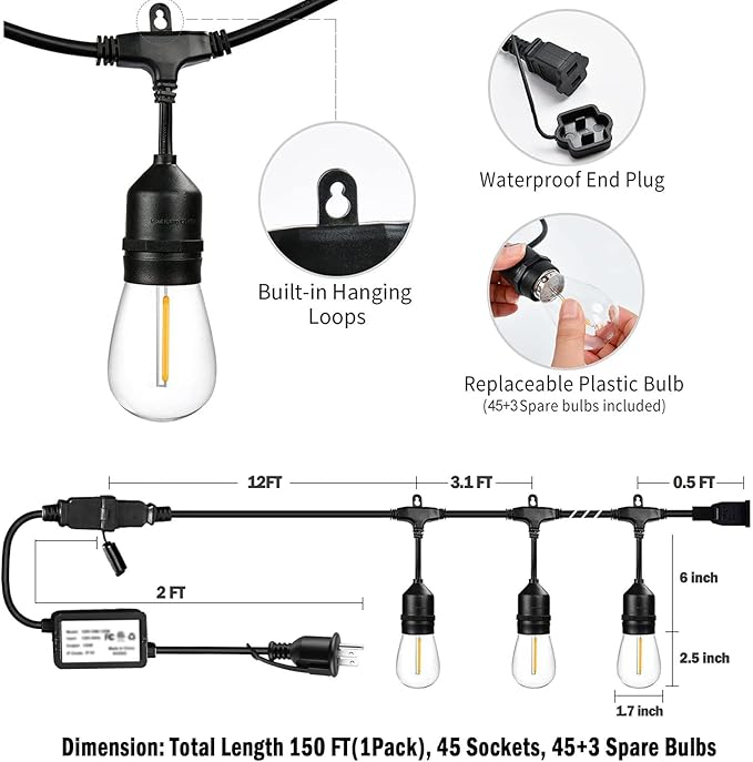 1-Pack 150 ft Outdoor String Lights with Remote Patio Lights Weatherproof, 45+3 Spare S14 Shatterproof Warm 2200K | Lumora