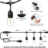 1-Pack 150 ft Outdoor String Lights with Remote Patio Lights Weatherproof, 45+3 Spare S14 Shatterproof Warm 2200K | Lumora