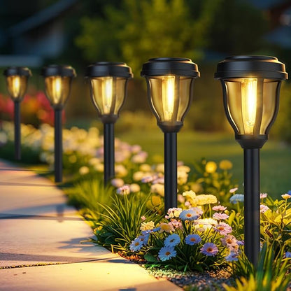 DERAYSION 8 Pack Stainless Steel Glass Solar Pathway Lights and 12 Pack Solar Lights Outdoor Bundle