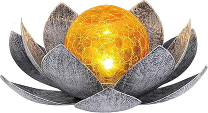 Ragyzity Lotus Solar Lights Outdoor, Bright Lotus Flower Table Lamp, Art Crackle Globe Glass Lotus Decoration, Waterproof Led Metal Flower Light Garden Table Decor for Patio Porch Pathway Lawn Pond