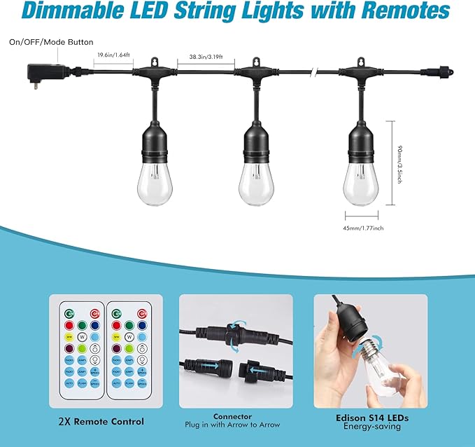 96FT Solar Outdoor String Lights, 30 Shatterproof Edison LED Bulbs, Dimmable RGB Color Changing Patio Lights Waterproof with Remote. for Patio Decor, Garden, Yard,Commercial Use.