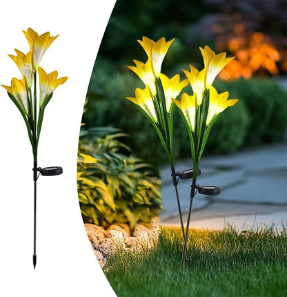 Outdoor Solar Lights, 2 Pack Solar Garden Lights with Lily Flowers, Waterproof Garden Light Outdoor - Yard Decorations for Patio Yard Decoration (Yellow)