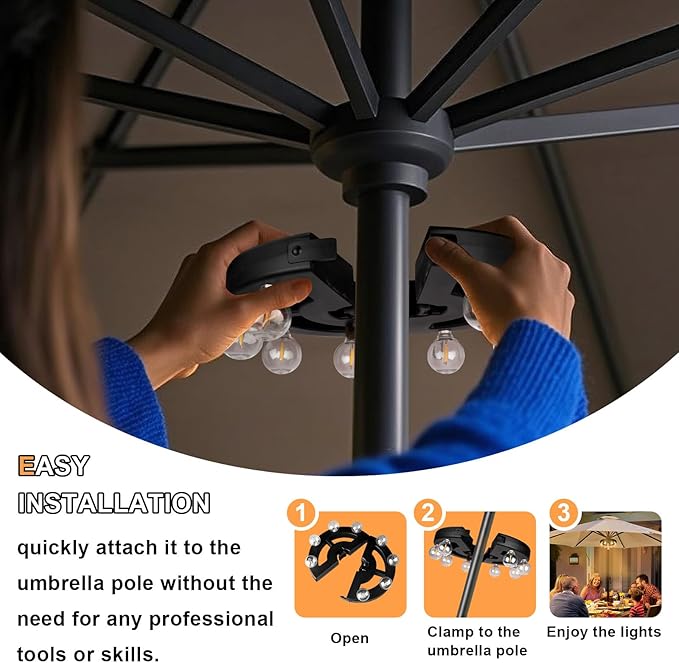 Umbrella Lights Outdoor Patio, Rechargeable Cordless with Dimmer &Timer, 8 Bright Warm White LED Bulbs Perfect for | Lumora