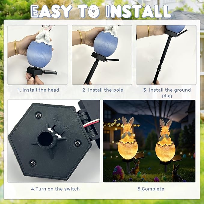 Solar Easter Egg Bunny Lights Outdoor, Waterproof Easter Solar Lights Rabbit Bunny Garden Statue Easters Yard Egg Decorations Outdoor for Outside Cemetery Grave (Blue Don't Speak)