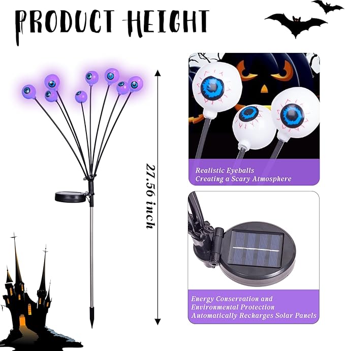 2 Packs 16 LED Halloween Purple Eyeball Decorations Light, Solar Powered Eyeball Waterproof Pathway Lights, Swaying | Lumora