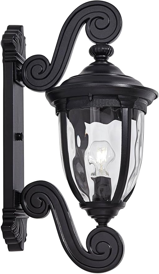 John Timberland Bellagio European Outdoor Wall Light Fixture Texturized Black Dual Scroll Arm 24" Clear Hammered Glass for Exterior House Porch Patio Outside Deck Garage Front Door Garden Home
