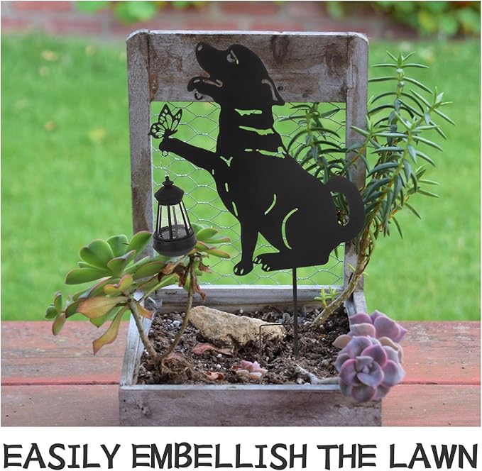Garneck Outdoor Solar Lawn Lights - Dog Metal Garden Stake with Waterproof Solar Lantern - Decorative Yard Stakes | Lumora