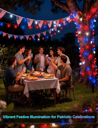 4th of July Decorations C7 Bulb Solar String Lights Outdoor Waterproof 50 LED Red White Blue Solar Lights for Independence Day President Memorial Day Christmas Party Patriotic Decorations
