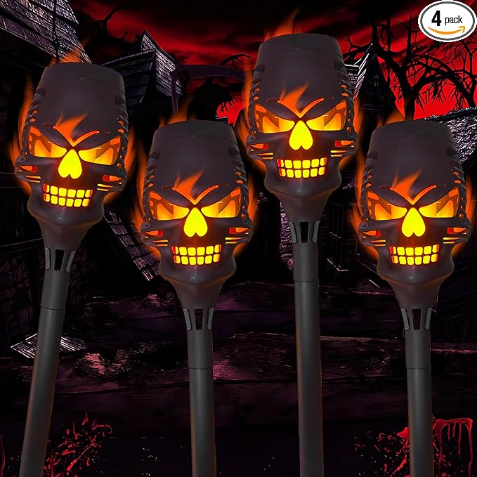 4 Pack Solar Halloween Lights Outdoor,Skull Light,Solar Torch Light with Flickering Flame,Waterproof LED Flame Lights,for Halloween Decor Patio Yard Path,Outdoor Landscape Lighting and Et Cetera.