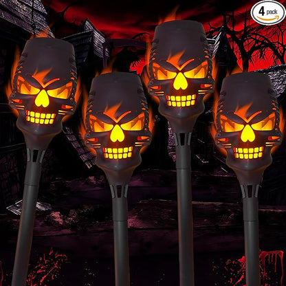4 Pack Solar Halloween Lights Outdoor,Skull Light,Solar Torch Light with Flickering Flame,Waterproof LED Flame Lights,for Halloween Decor Patio Yard Path,Outdoor Landscape Lighting and Et Cetera.