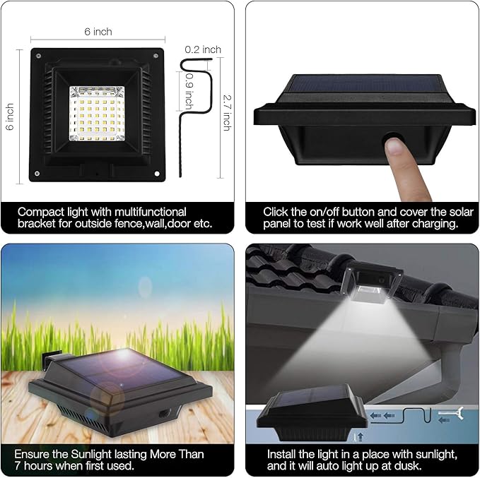 KEENZO Solar Powered Gutter Lights Waterproof Outdoor Dusk to Dawn 25 LED Deck Fence Wall Stair Step and Yard Cool/Warm White LED Eaves Garden Landscape Pathway (Cool White Light_4 PCS, Black)