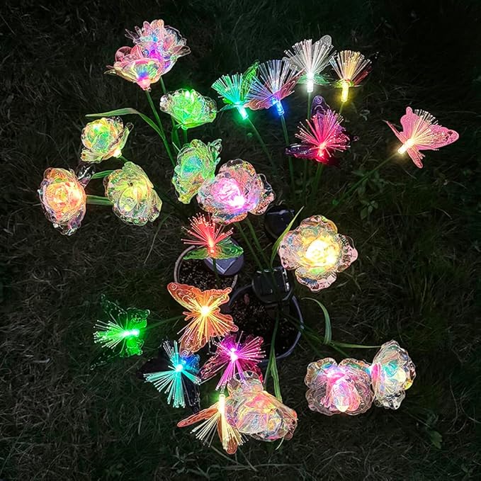 GUOCHENG Rose&Butterfly Solar Garden Lights, 7-Color Changing Outdoor Decorations Flower and Butterfly Lights, Garden Decor for Outside, Yard, Patio, Pathway, Galaxy Rose Butterfly Lights(4 Pack)