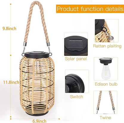 Livinlarge Solar Lantern Outdoor Hanging Lights, Large Solar Rattan Lantern Outdoor Waterproof with Twine Handle, Bright Outdoor Lanterns with Edison Bulb for Garden Patio Yard Tabletop Decoration