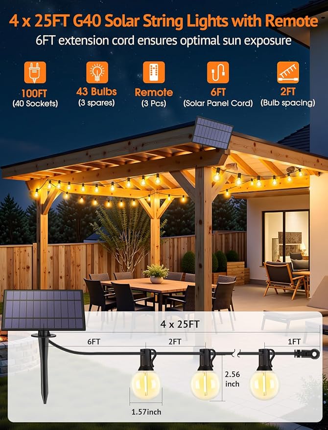 100FT(4x25FT) Solar String Lights Outdoor with Remote, Waterproof Dimmable 3 Modes Patio Light with 40+3 LED G40 | Lumora