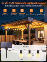 100FT(4x25FT) Solar String Lights Outdoor with Remote, Waterproof Dimmable 3 Modes Patio Light with 40+3 LED G40 | Lumora