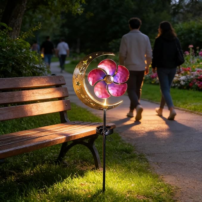 Solar Moon Windmill Decorative Garden Light - Metal Stake Windmill with Glass Ball LED, Outdoor Lawn Lamp for Yard Decoration (Red)
