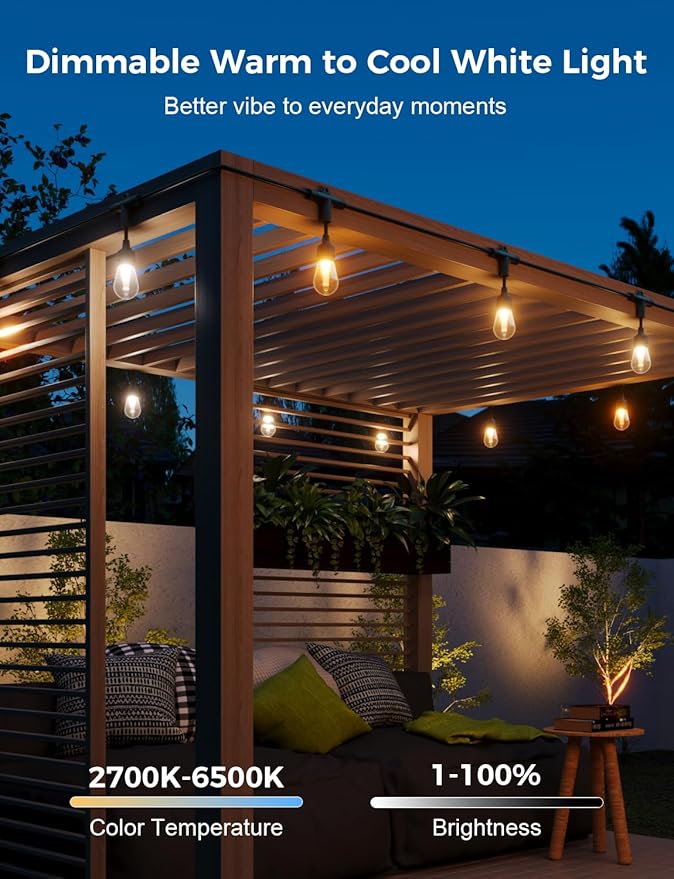 XMCOSY+ Outdoor String Lights Smart, 49Ft RGBCWIC Patio Lights Waterproof, App Control, Compatible with Alexa | Lumora