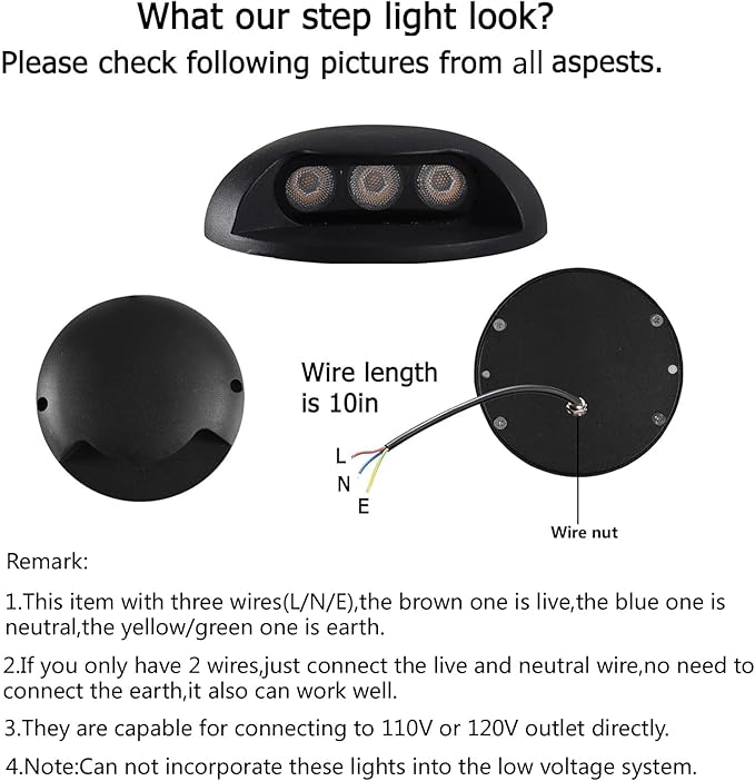 Outdoor Step Lights,High Voltage 120V 110V,3W LED Deck Light Wire,Warm White 3000K,Aluminum Housing,Surface Mount | Lumora