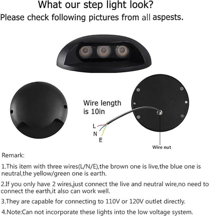 Outdoor Step Lights,High Voltage 120V 110V,3W LED Deck Light Wire,Warm White 3000K,Aluminum Housing,Surface Mount Wall Lights,Indoor Stair Lighting for Landscape,Fence,Well,Pathway,Pack of 4