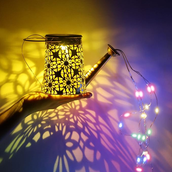 Solar Watering Can Lights, Solar Watering Can with Cascading Lights, Vintage Hanging Lantern Outdoor Decor for Garden Yard Lawn Patio Pathway (Multicolor)