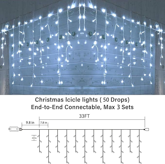 Joomer Christmas Icicle Lights - 33FT Plug in String Lights Waterproof, 8 Modes Timer Connectable Outdoor String Light for Christmas Party, Eaves, Roofs, Xmas Decorations (White)