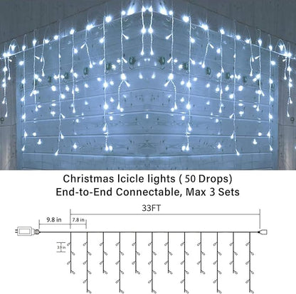 Joomer Christmas Icicle Lights - 33FT Plug in String Lights Waterproof, 8 Modes Timer Connectable Outdoor String Light for Christmas Party, Eaves, Roofs, Xmas Decorations (White)
