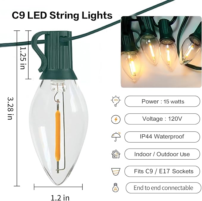 C9 LED Christmas Lights Outdoor 25FT, 25 Energy Efficient Warm White Vintage Bulbs, Connectable, Weatherproof for | Lumora