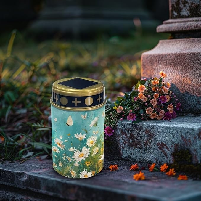 White Daisy Cemetery Solar Light Oil Painting Outdoor Light Decor Cemetery Solar Lights for Grave Solar Lights for Pathway, Garden, Landscape, Path, Yard