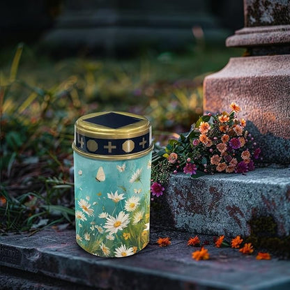 White Daisy Cemetery Solar Light Oil Painting Outdoor Light Decor Cemetery Solar Lights for Grave Solar Lights for Pathway, Garden, Landscape, Path, Yard