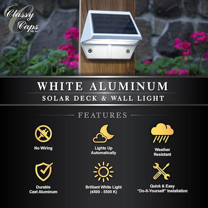 Classy Caps Solar Deck & Wall Lights, Model SL179, White - High Performance, Energy Efficient, Weather-Resistant, Durable Cast Aluminum, Outdoor Solar Lights, Durable Design, Easy Installation