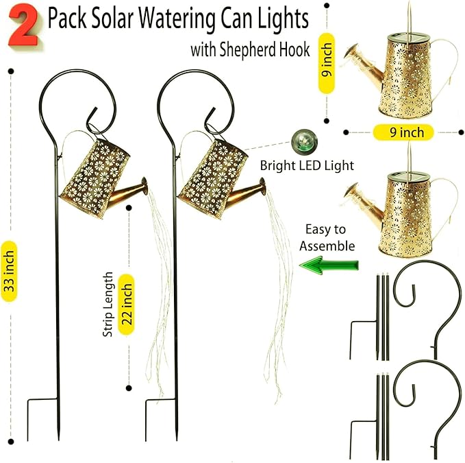 2 Pack Solar Watering Can Lights with Shepherd Hook, 8 Multi-Color Changing Modes, IP65 Waterproof, 60pcs String | Lumora