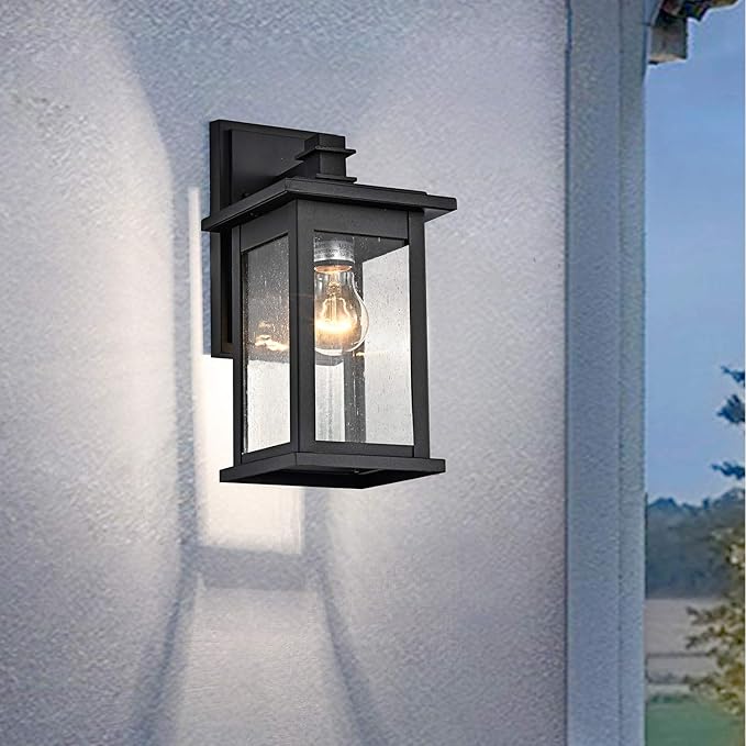MICSIU 2-Pack Black Outdoor Wall Sconce, 12-Inch Modern Square Exterior Light Fixtures with Clear Seedy Glass, Anti-Rust Waterproof Outside Wall Mount Lantern for House, Porch, Garage, E26 Base