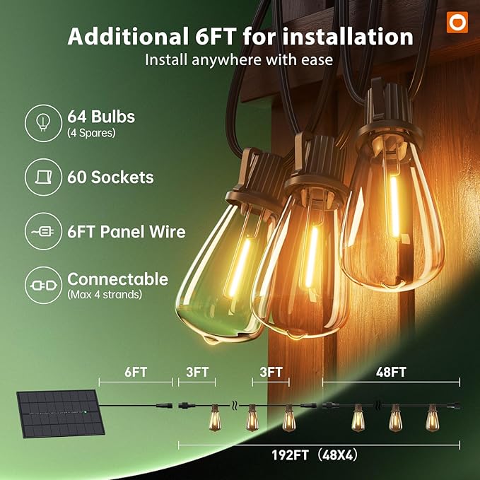 addlon 198FT(192+6) Solar String Lights Outdoor with Remote, Long-Lasting Waterproof Patio Lights, Dimmable & Timable Hanging Solar Light with 60 LED Bulbs for Outside, Yard, Garden, Camping, Gazebo